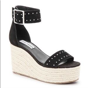 Steve Madden Joani Espadrilles Wedge Sandals Black Suede Size 7